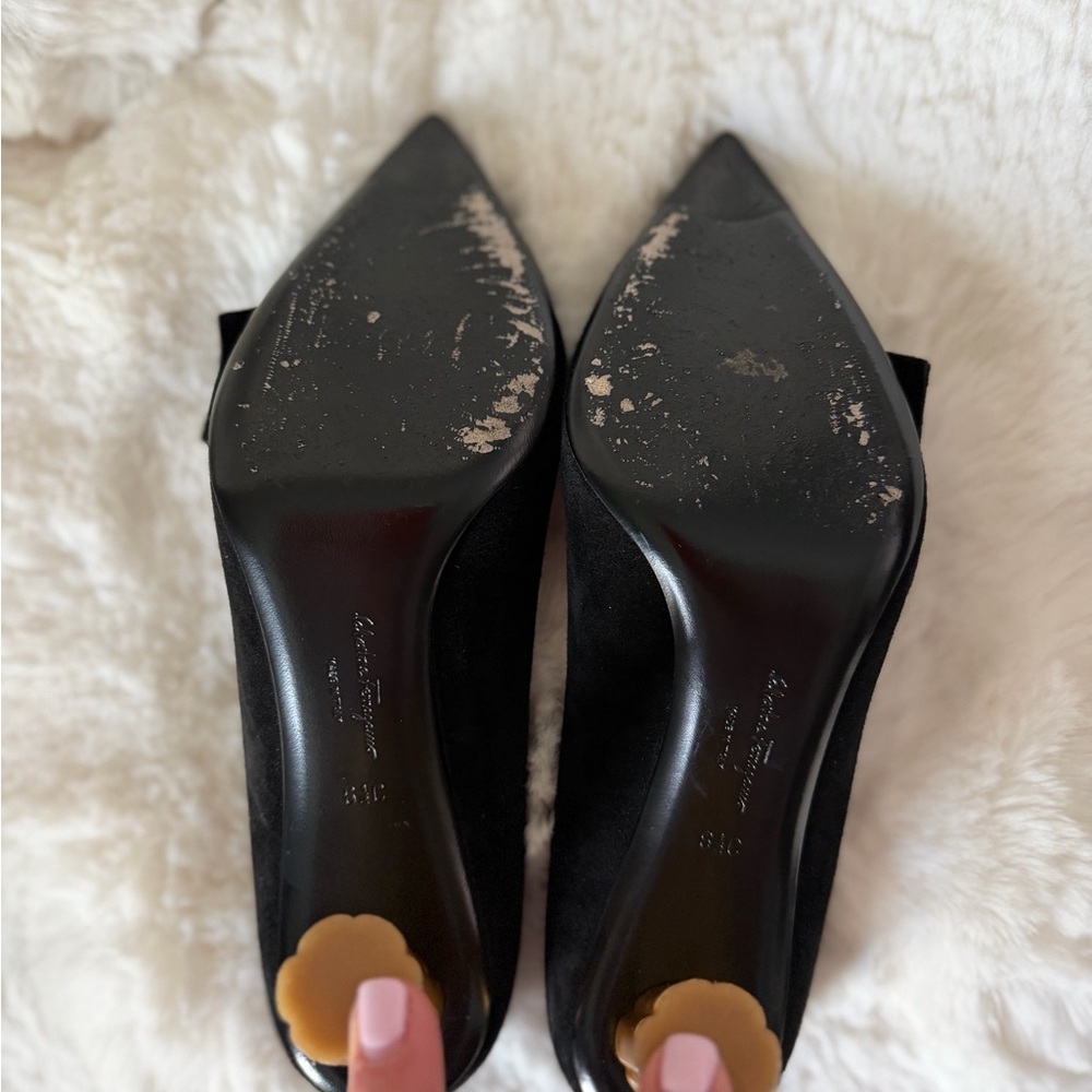 Salvatore Ferragamo Black Suede Pointed Toe Bow Pumps - Picture 4 of 6